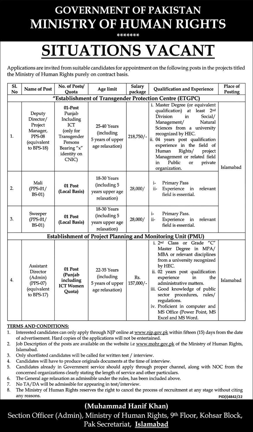 Ministry of Human Rights Jobs 2023 Online Apply