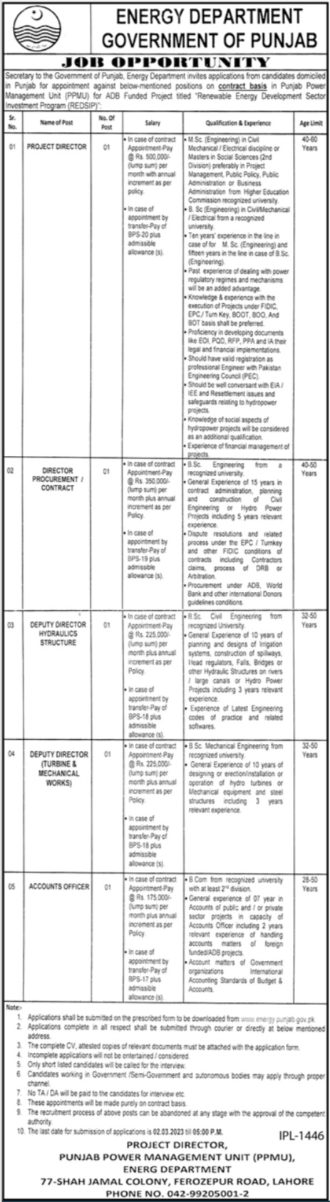 Punjab Energy Department Govt of Punjab Jobs 2023