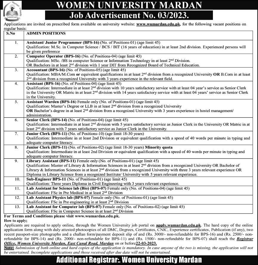 Latest Jobs 2023: Women University Mardan (WUM) Hiring Non-Teaching Staff