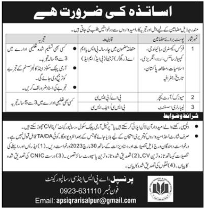 Army Public School & College Risalpur Jobs 2023