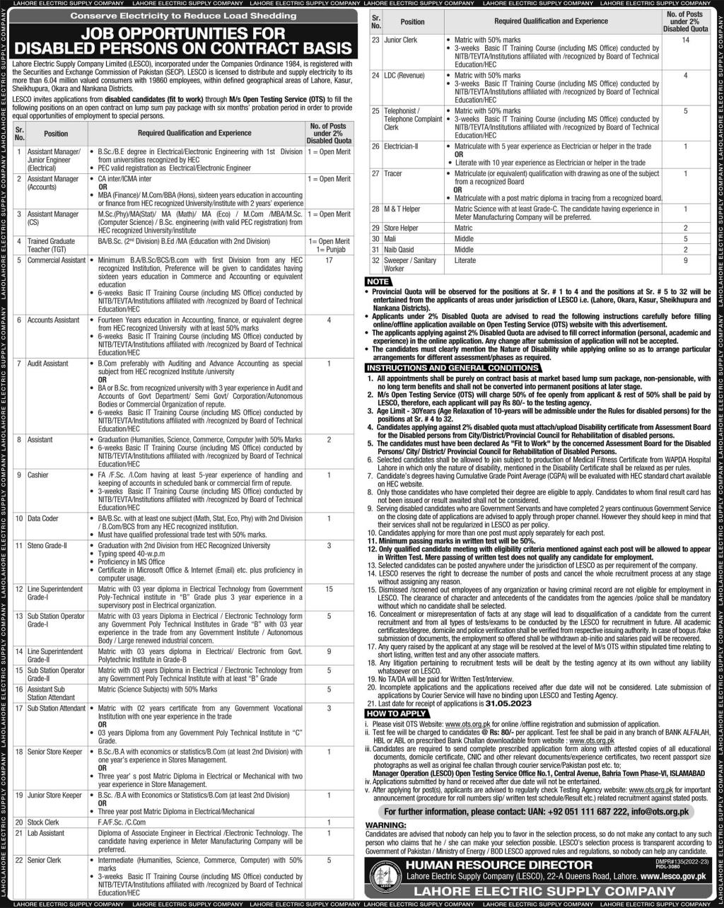 Lahore Electric Supply Company LESCO Jobs Advertisement