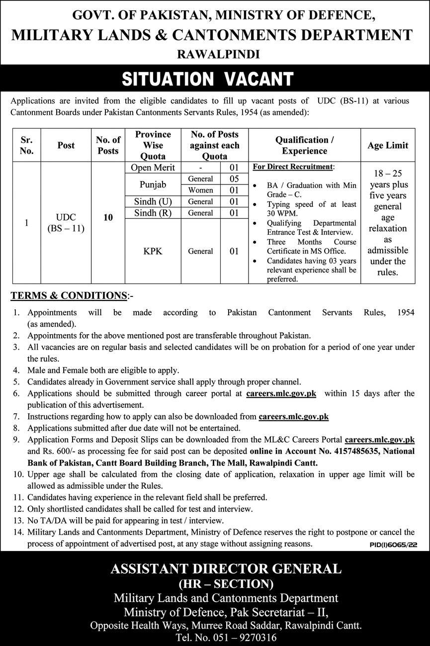 Military Lands & Cantonments Department Jobs Update