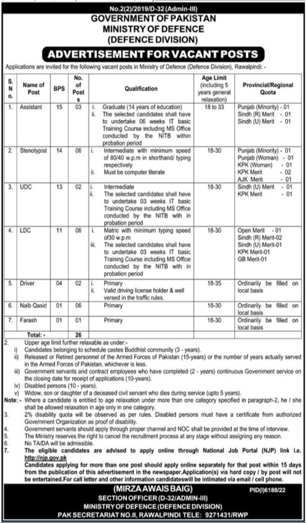 Ministry of Defence (Defence Division) Jobs 2023 advertisement Paper