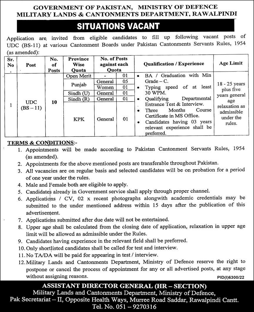 Military Lands And Cantonments Department Jobs advertisement Paper