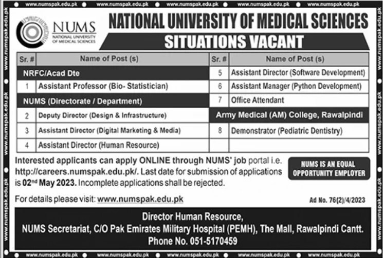 National University of Medical Sciences Jobs Advertisement