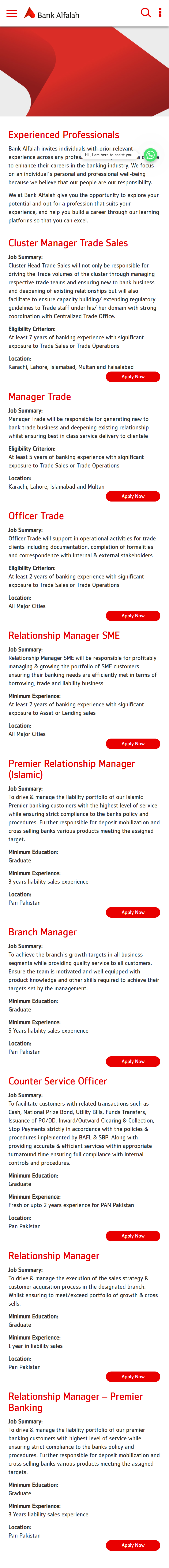 Bank Alfalah Jobs for Experienced