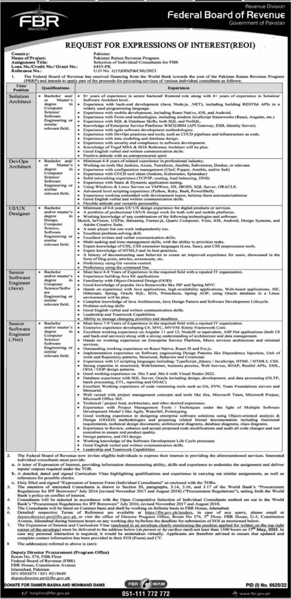 Federal Board Of Revenue FBR Jobs Advertisement