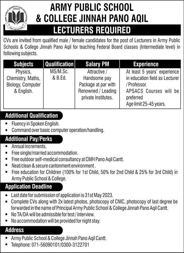 Army Public School & College Jobs Advertisement