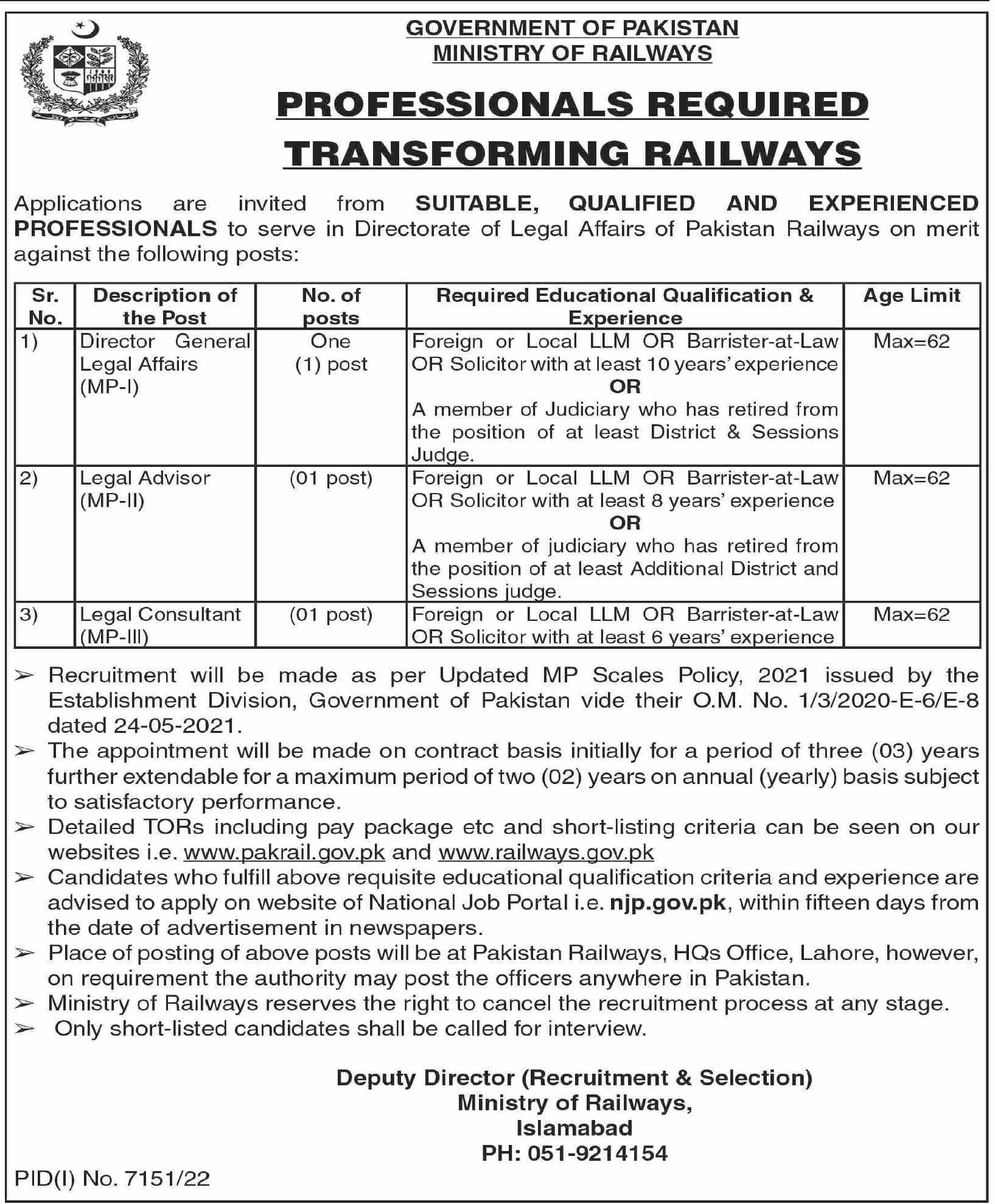 Ministry Of Railways Jobs Advertisement