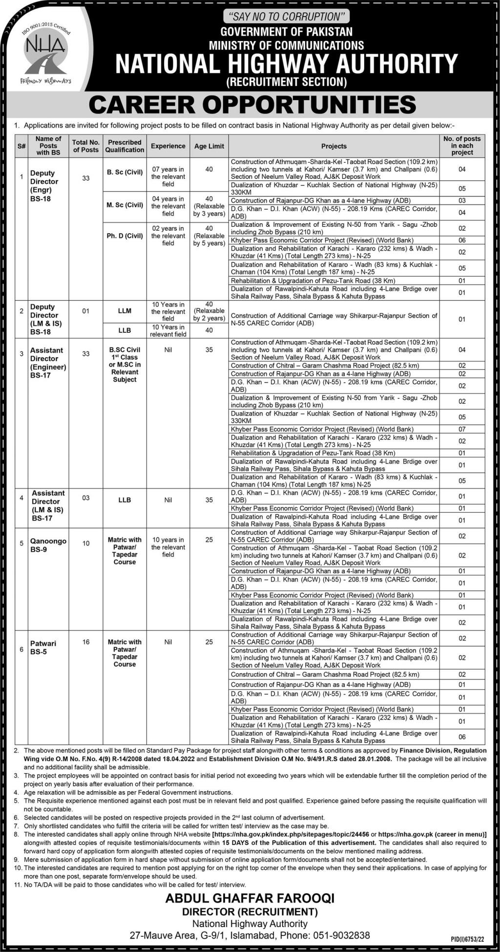 National Highway Authority NHA Jobs Advertisement