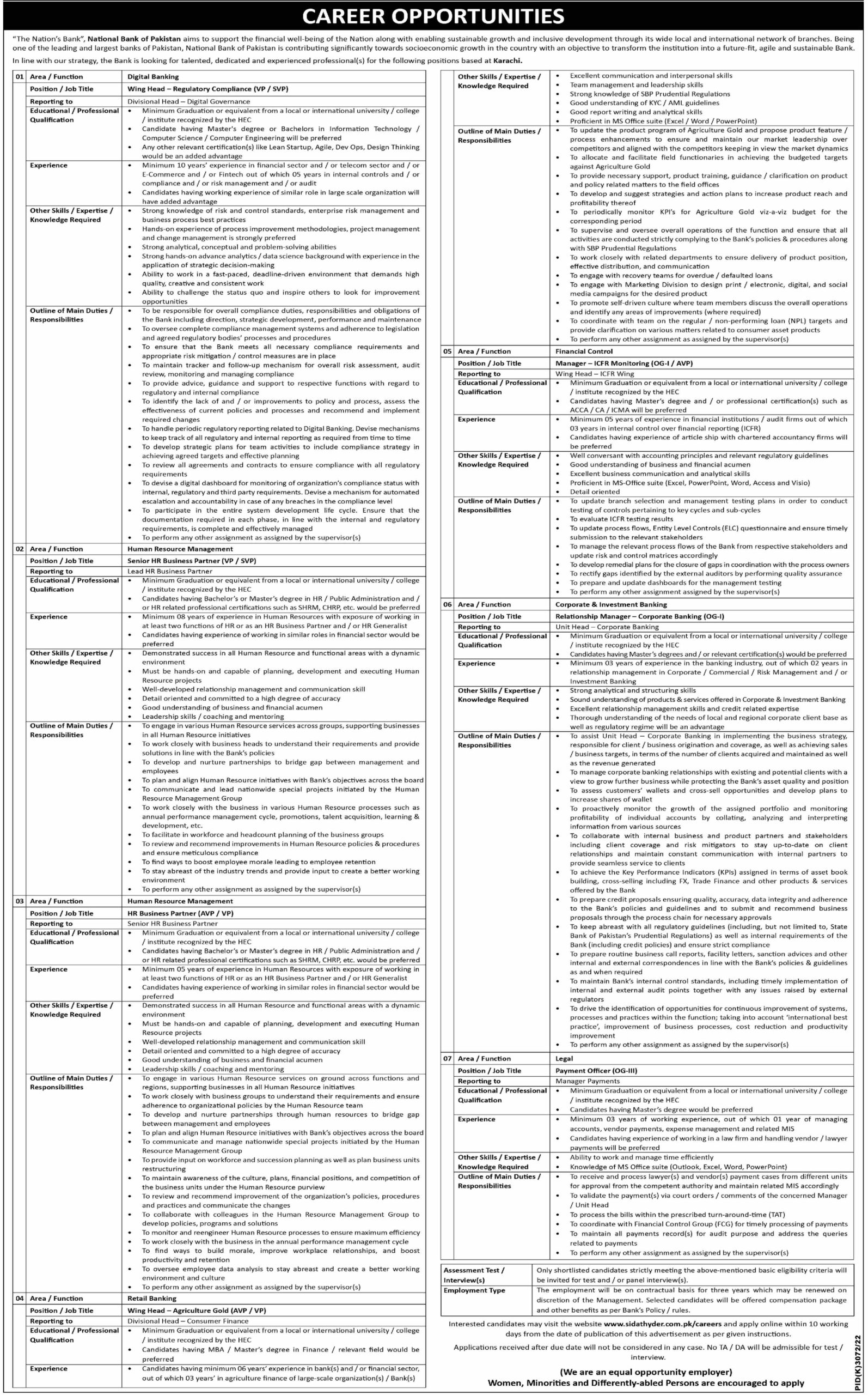 National Bank Of Pakistan NBP Jobs Advertisement