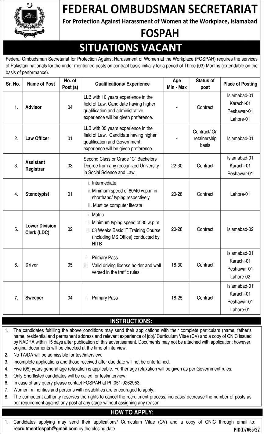 Federal Ombudsman Secretariat Jobs 2023