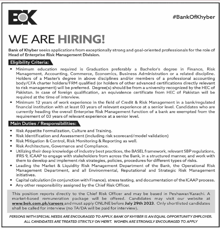 Bank of Khyber Jobs 2023 Advertisement