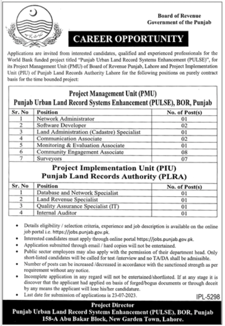 Board Of Revenue Lahore Jobs Advertisement