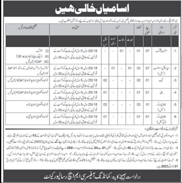 Combined Military Hospital CMH Risalpur Jobs 2023 Advertisement