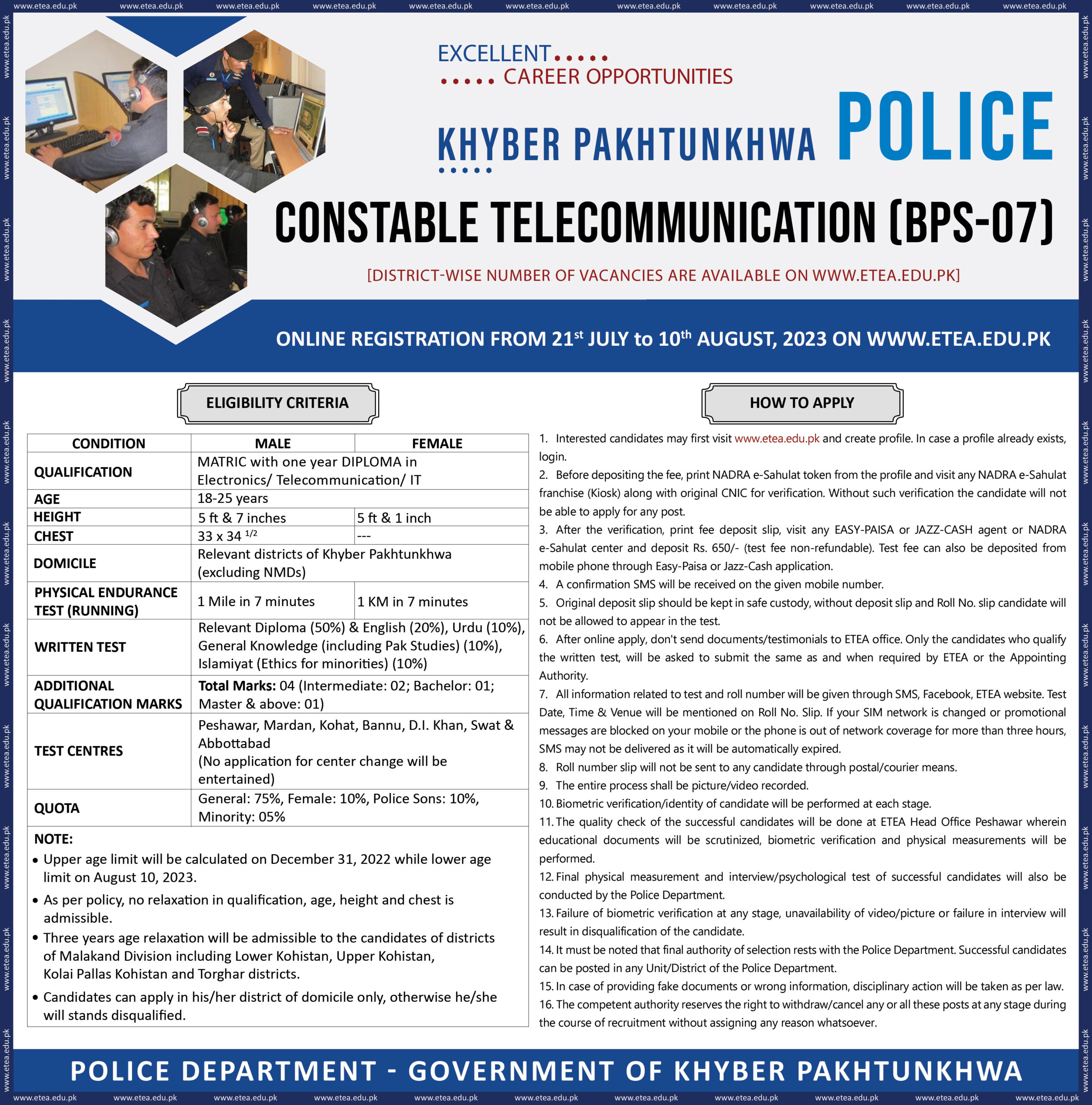 KPK Police Jobs 2023 Advertisement for Constable Telecommunication