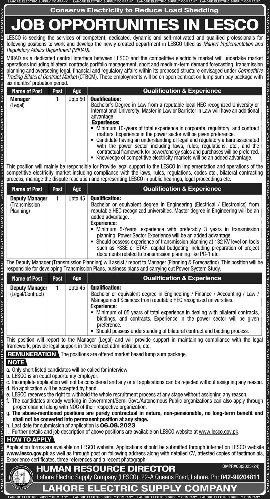 Lahore Electric Supply Company LESCO Jobs 2023 Advertisement