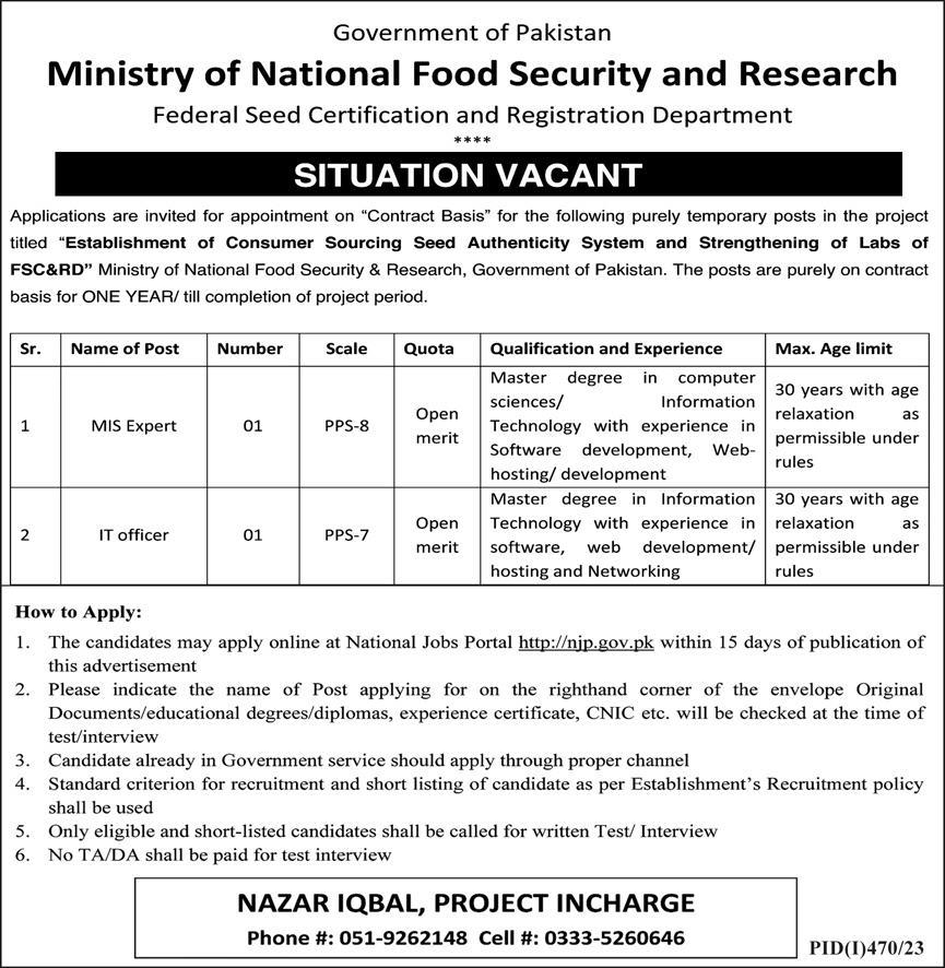 Ministry of National Food Security & Research Jobs 2023 Advertisement