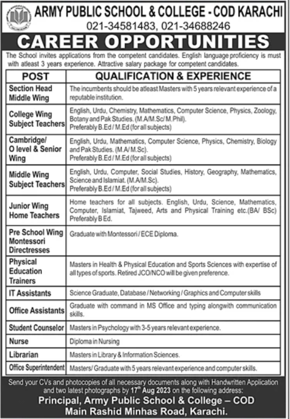 Army Public School APS Karachi Jobs 2023 Advertisement