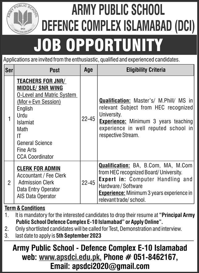 Army Public School Defence Complex Islamabad Jobs 2023 Advertisement