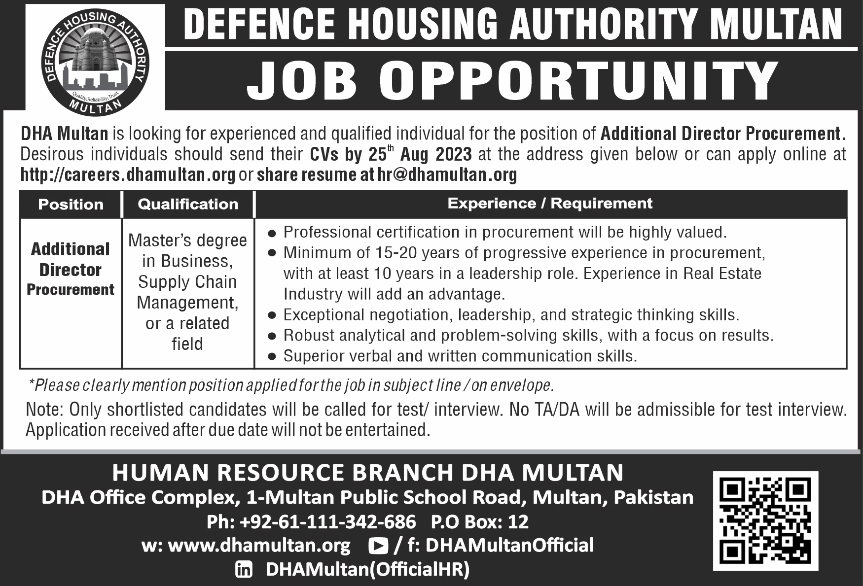 Defence Housing Authority DHA Multan Jobs 2023 Advertisement