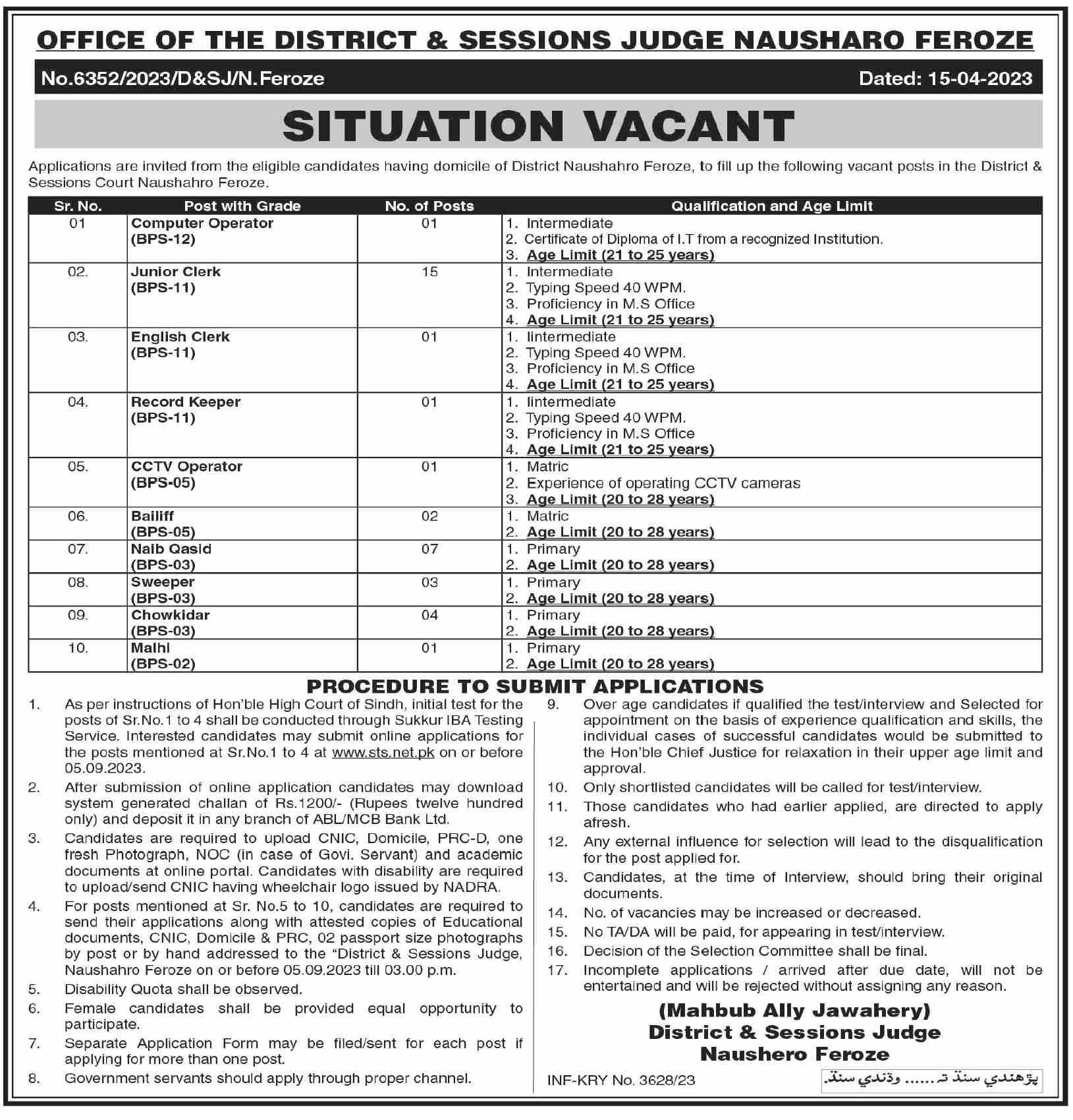 District & Session Judge Naushahro Feroze Jobs 2023 Advertisement