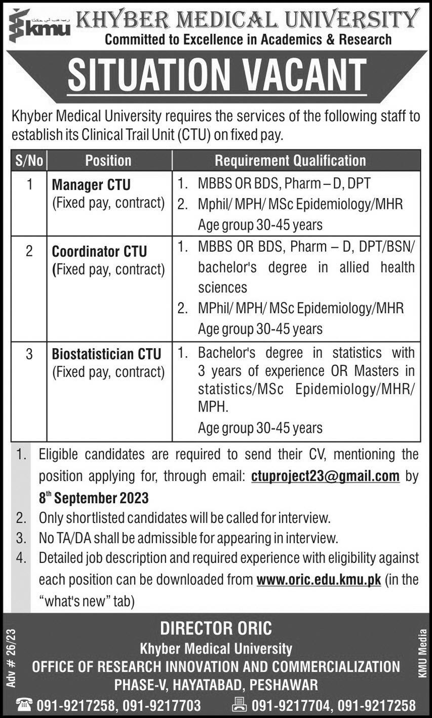 Khyber Medical University KMU Peshawar Jobs 2023 Advertisement