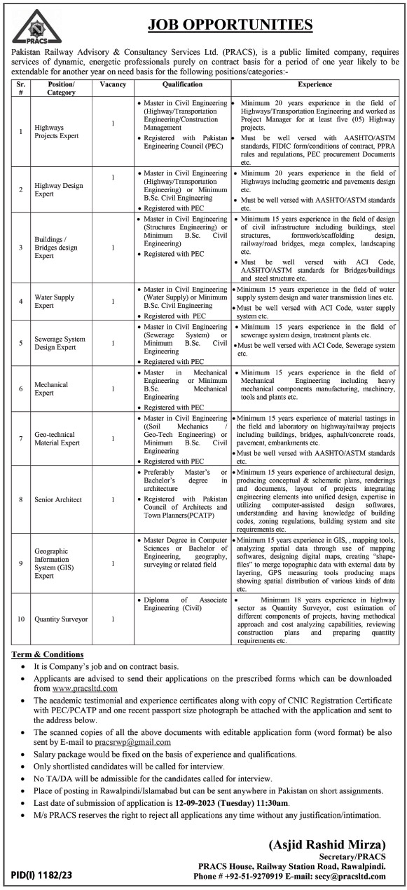 Pakistan Railway Advisory & Consultancy Services Jobs 2023 Advertisement