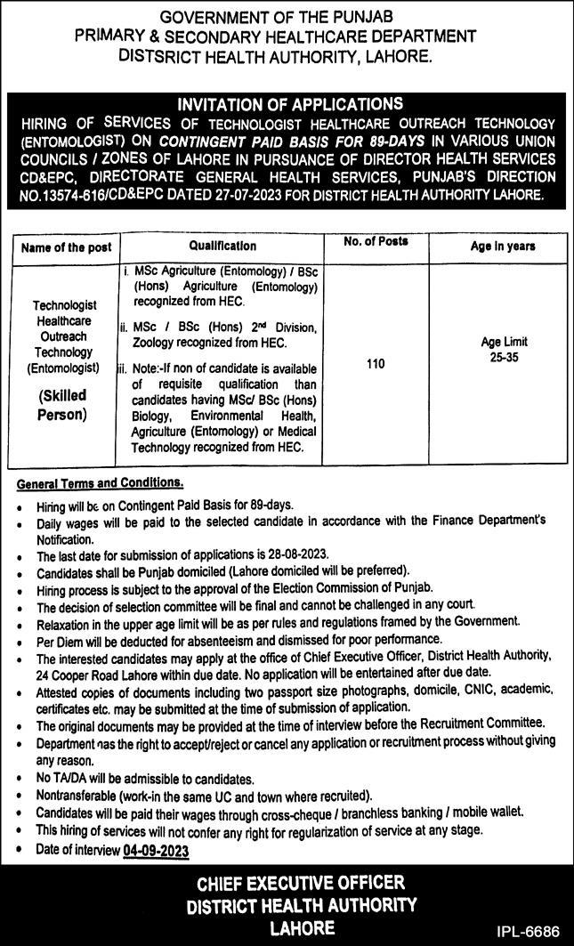 Primary & Secondary Healthcare Department Lahore Jobs 2023 Advertisement