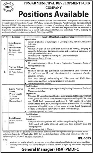 Punjab Municipal Development Fund Company PMDFC Jobs 2023 Advertisement