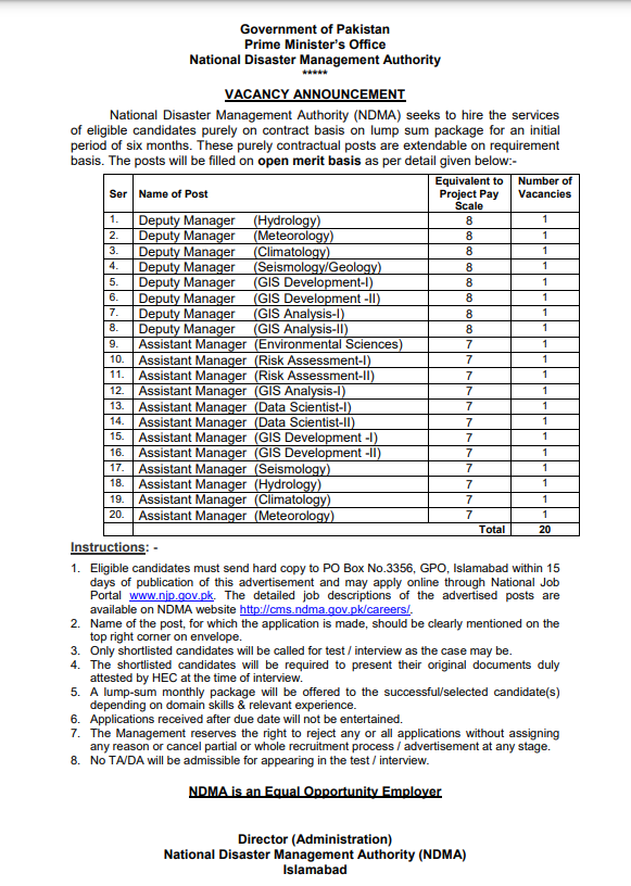 Prime Ministers Office(NDMA) Jobs 2023 Advertisement