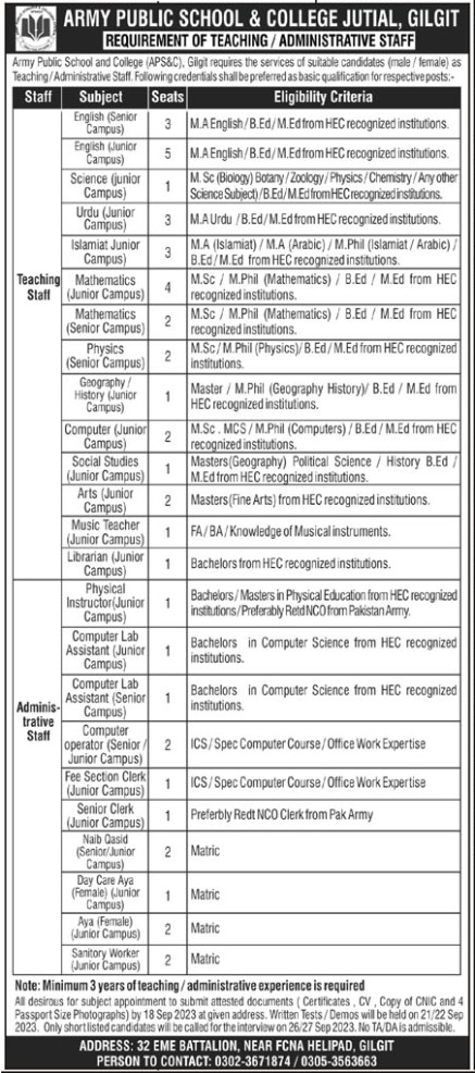 Army Public School & College Gilgit Jobs 2023 Advertisement