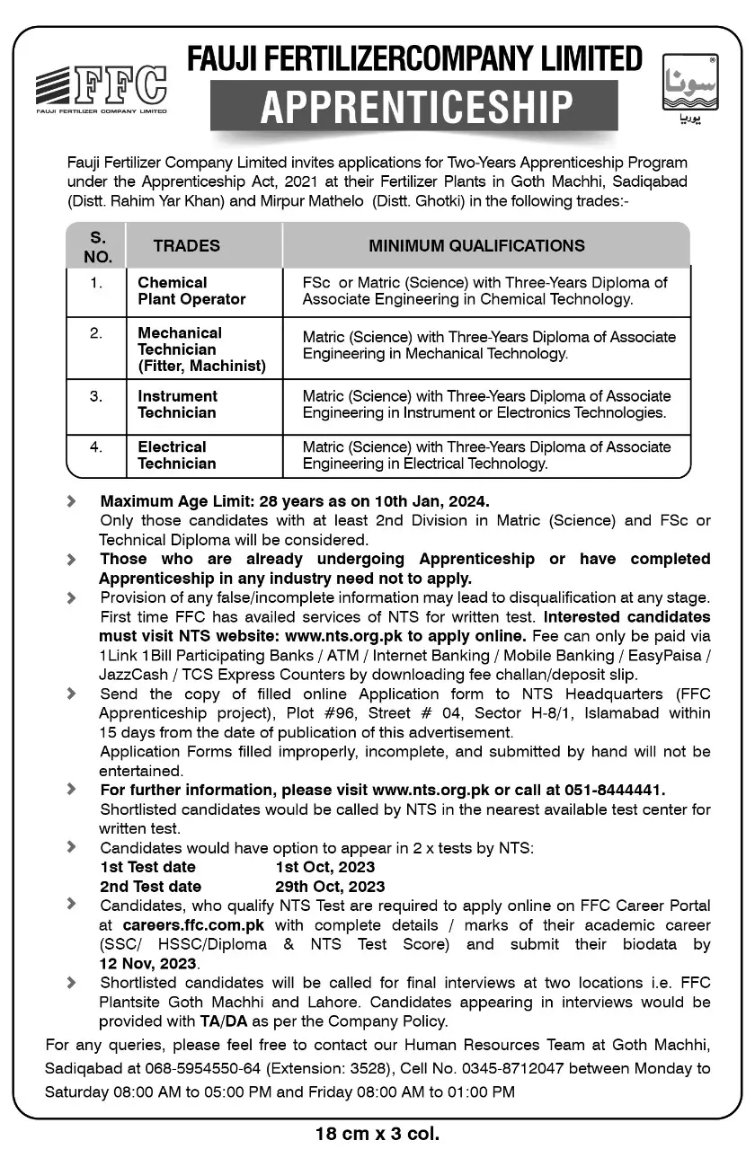 Fauji Fertilizer Company Jobs 2023 Advertisement