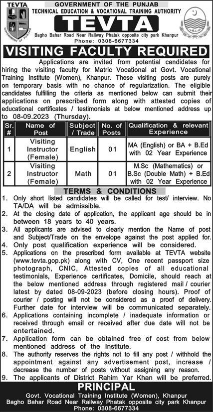 Govt Vocational Training Institute Khanpur Jobs 2023 Advertisement