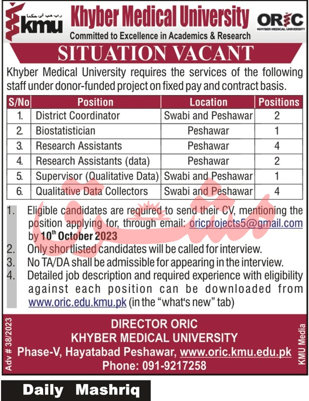 Khyber Medical University KMU Jobs 2023 Advertisement