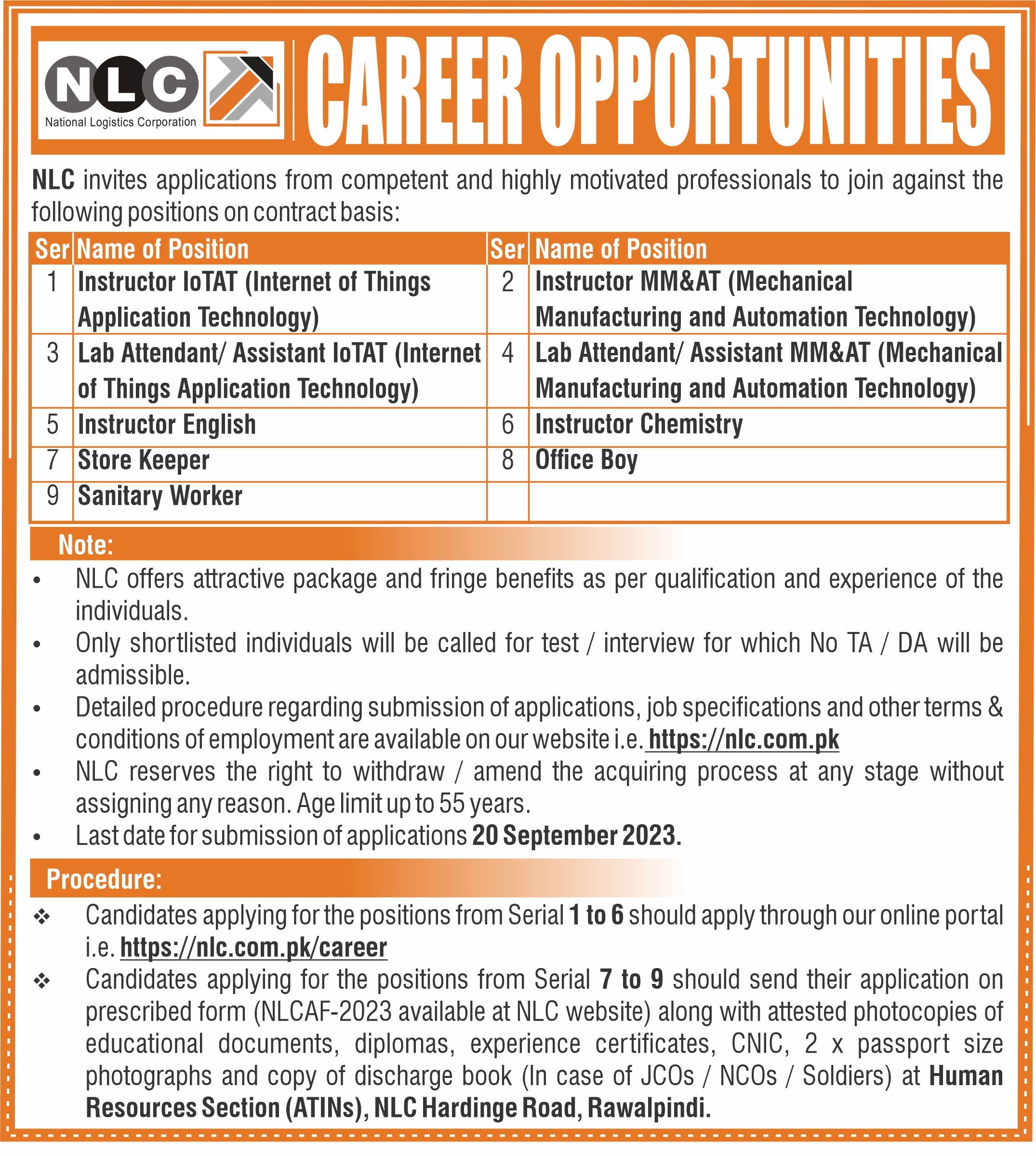 National Logistics Cell NLC Jobs 2023 Advertisement