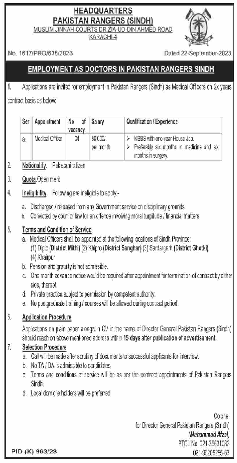 Pakistan Rangers Karachi Jobs 2023 Advertisement