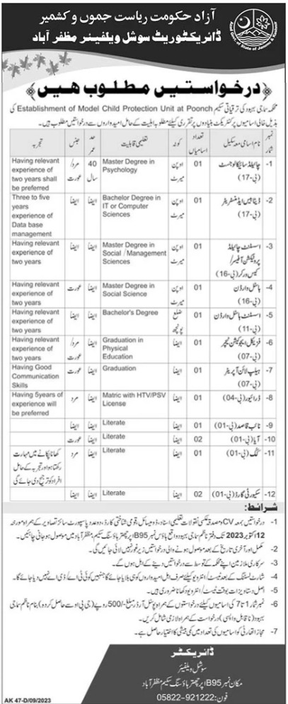 Social Welfare Department Muzaffarabad Jobs 2023 Advertisement