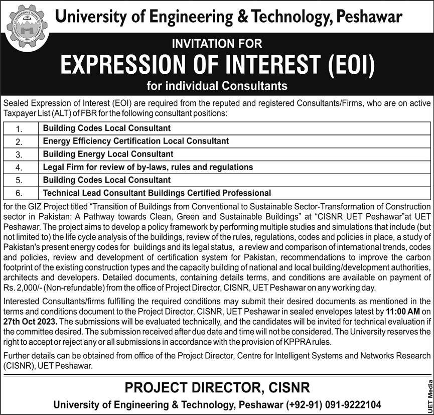 University Of Engineering & Technology UET Peshawar Jobs 2023 Advertisement