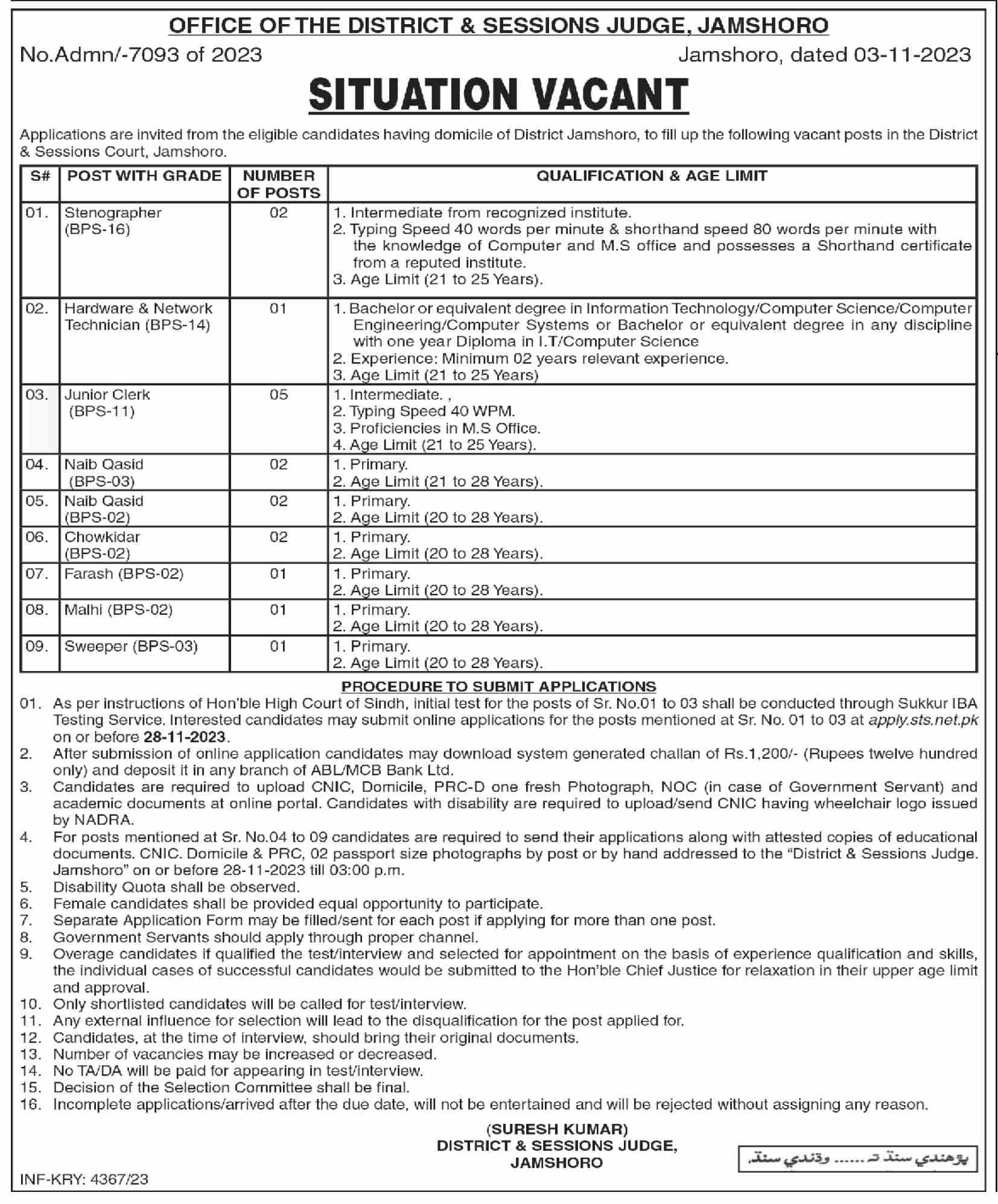 District and Sessions Judge Jamshoro Jobs 2023 advertisement