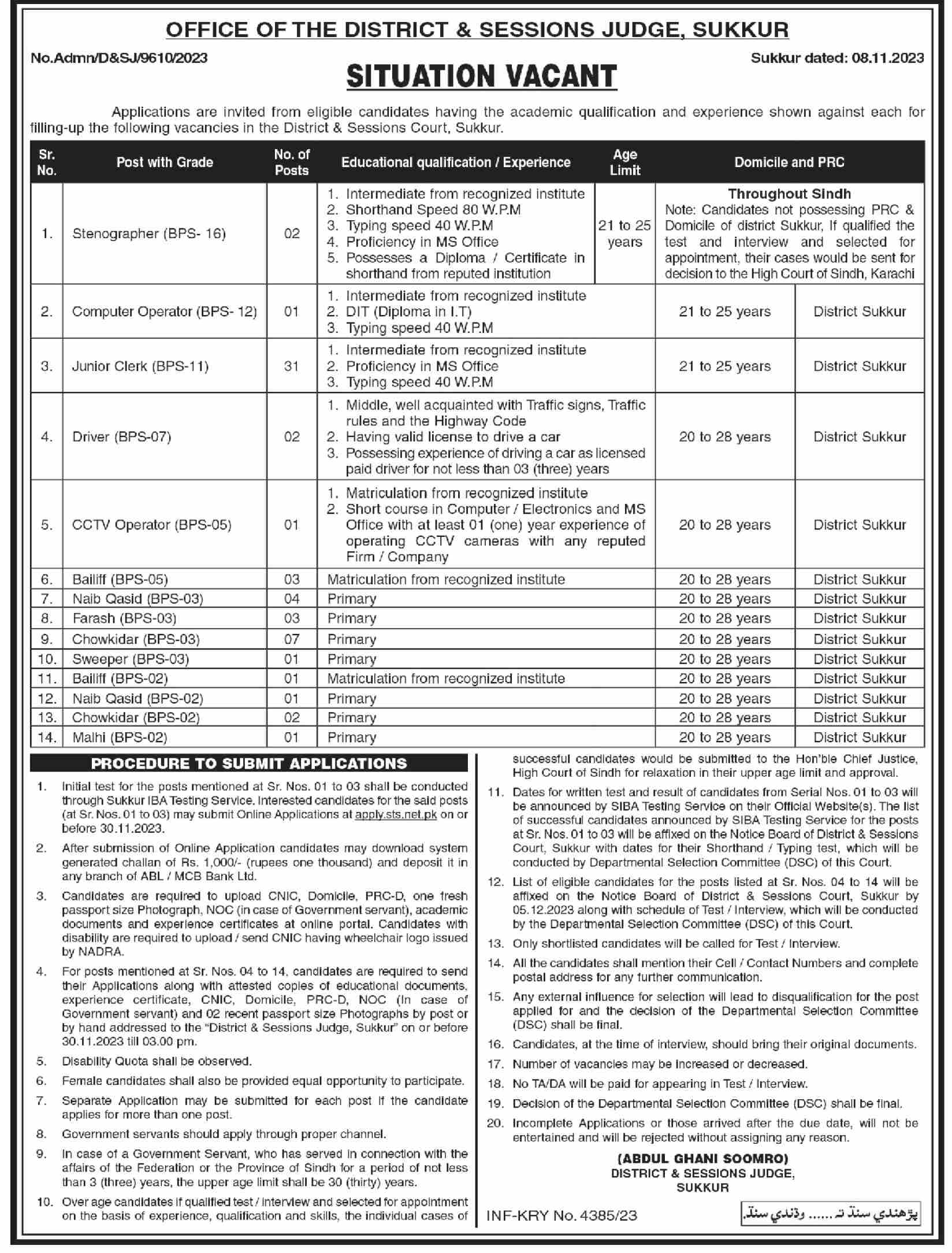 District and Sessions Judge Sukkur Jobs 2023 advertisement