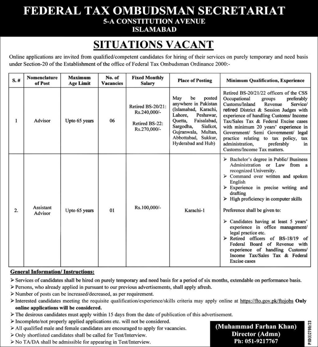 Federal Tax Ombudsman Secretariat Jobs 2023 advertisement