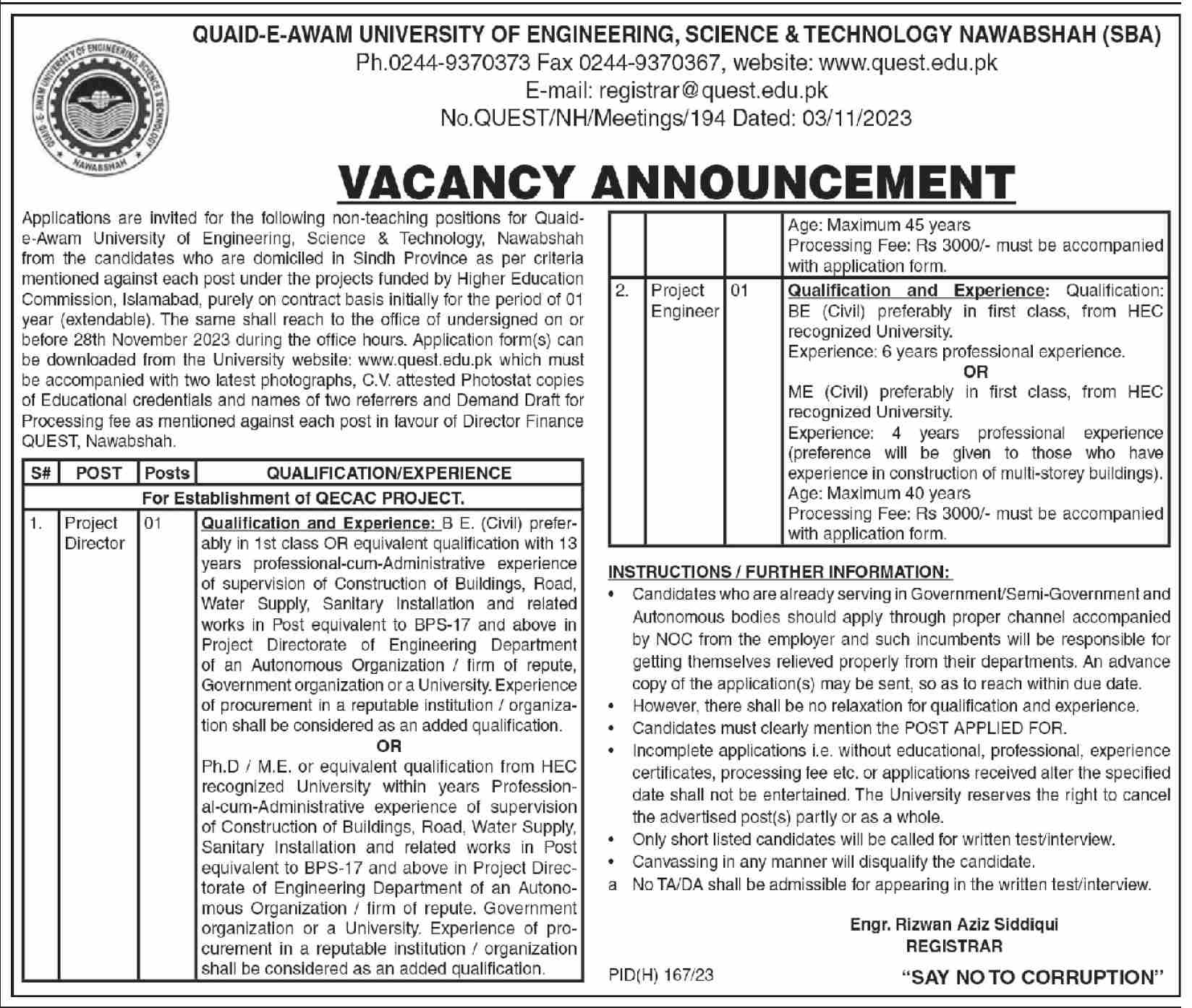 Quaid e Awam University of Engineering Science and Technology Jobs 2023 advertisement