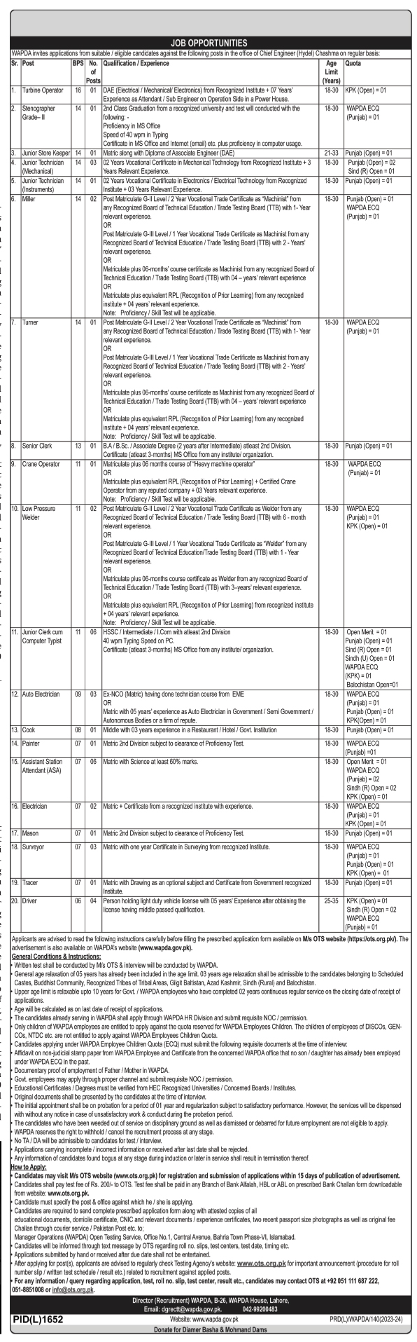 Water & Power Development Authority WAPDA Jobs 2023 advertisement