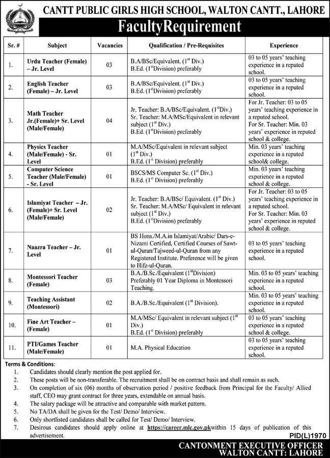 Cantt Public Girls High School Walton Lahore Jobs 2024 advertisement