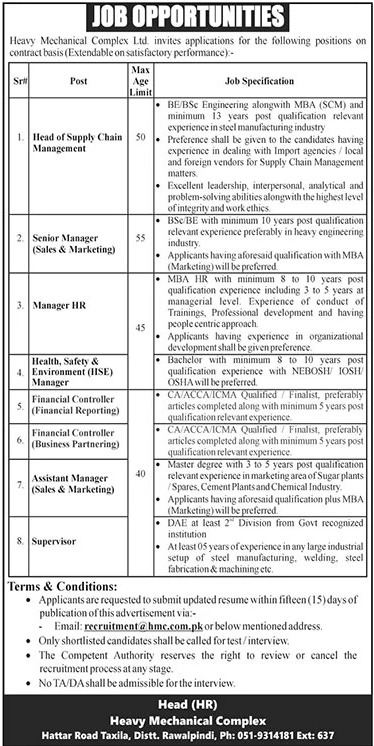 Heavy Mechanical Complex HMC Islamabad Jobs 2024 advertisement