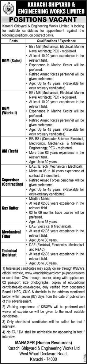 Karachi Shipyard and Engineering Works Limited Jobs 2024 Advertisement