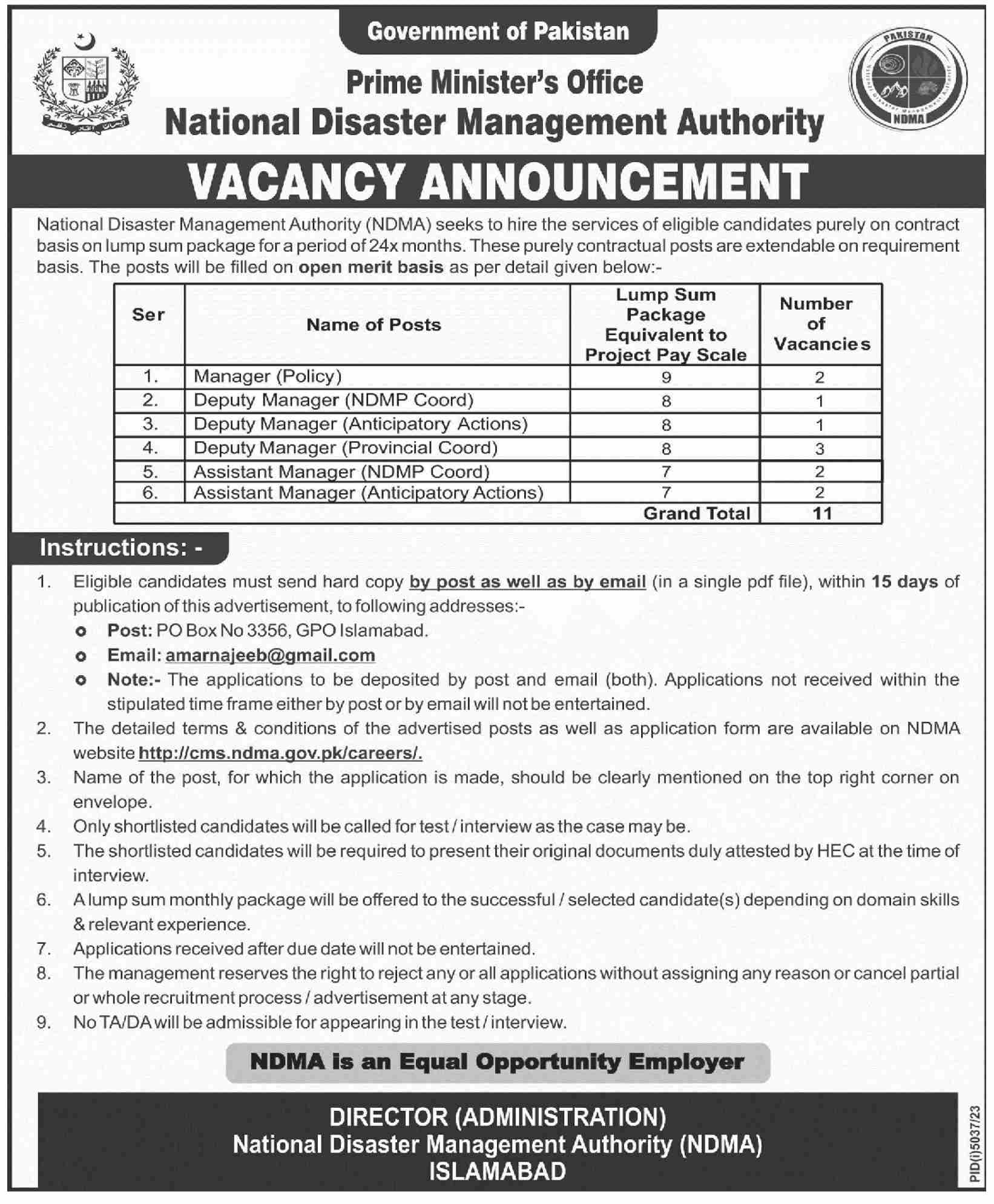 National Disaster Management Authority Jobs 2024 Advertisement