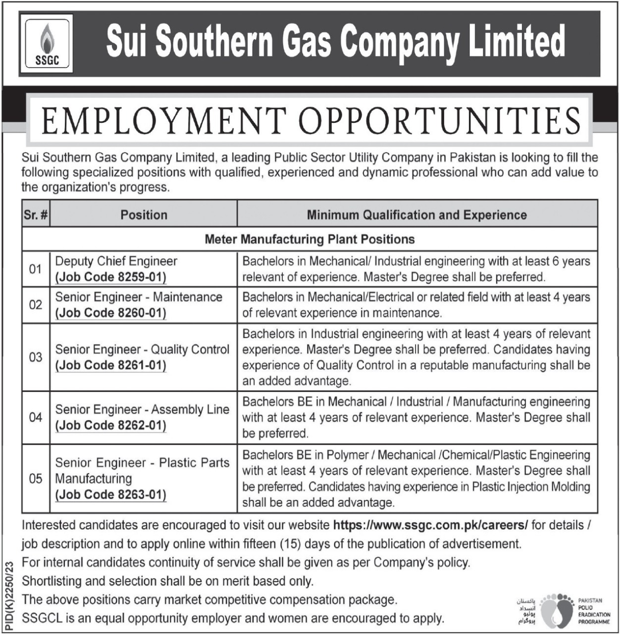 Sui Southern Gas Company Limited SSGC Jobs 2024 advertisement