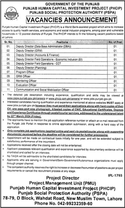 Punjab Social Protection Authority Jobs 2024 Advertisement